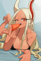 Rule 34 | 1girl, absurdres, animal ears, bare shoulders, bikini, black bikini, blurry, blurry background, boku no hero academia, breasts, carrot, cleavage, collarbone, crossed ankles, dark-skinned female, dark skin, food, food in mouth, hair between breasts, highres, holding, holding food, holding vegetable, kellila93, large breasts, legs up, long eyelashes, long hair, looking at viewer, lying, mirko, on stomach, open mouth, parted bangs, rabbit ears, rabbit girl, red eyes, shiny skin, solo, swimsuit, teeth, the pose, toned, vegetable, very long hair, white hair