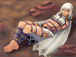 Rule 34 | 10s, 1girl, altera (fate), arms behind back, bare arms, bare legs, bare shoulders, barefoot, bdsm, bondage, bound, breasts, closed mouth, collar, dark-skinned female, dark skin, fate/extella, fate/extra, fate (series), feet, full body, halterneck, highres, looking at viewer, lying, medium breasts, miniskirt, on back, rainnear, red eyes, restrained, rope, short hair, silver hair, skirt, soles, solo, toes, veil