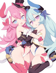 Rule 34 | 2girls, asymmetrical horns, bare shoulders, black headwear, black sleeves, black thighhighs, blade (galaxist), blue bow, blue eyes, blue flower, blue hair, blush, bow, breasts, commentary, detached sleeves, flower, hair between eyes, hair bow, hat, hat flower, highleg, highleg panties, highres, honkai (series), honkai impact 3rd, horns, hug, liliya olenyeva, long hair, mechanical tail, mini hat, multiple girls, navel, no pants, open mouth, panties, pink bow, pink eyes, pink flower, pink hair, pink scrunchie, pink thighhighs, rozaliya olenyeva, scrunchie, simple background, small breasts, symbol-only commentary, tail, thighhighs, underwear, uneven horns, white background, white panties, wrist scrunchie, yuri