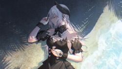 Rule 34 | 1girl, bare shoulders, beach, black bow, black bowtie, black wrist cuffs, bow, bowtie, braid, chinese commentary, chromatic aberration, closed eyes, commentary, detached collar, detached sleeves, dress, highres, liv: empyrea (dreamcatcher) (punishing: gray raven), liv: empyrea (punishing: gray raven), liv (punishing: gray raven), long hair, lying, off-shoulder dress, off shoulder, on back, punishing: gray raven, sand, shadow, solo, upper body, water, white hair, wing hair ornament, wrist cuffs, zhou huan (dgpe2833)