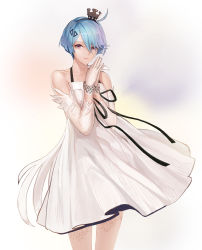 Rule 34 | 1girl, absurdres, ahoge, alternate costume, bad id, bad pixiv id, blue hair, blush, dress, girls&#039; frontline, gloves, highres, jewelry, looking at viewer, monaim, official alternate costume, orange eyes, own hands together, ring, short hair, thighhighs, wedding band, white dress, white thighhighs, zas m21 (girls&#039; frontline)