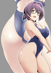 Rule 34 | 1girl, alice gear aegis, ass, black-framed eyewear, blue one-piece swimsuit, breasts, casual one-piece swimsuit, cleavage, cleavage cutout, clothing cutout, feet out of frame, glasses, grey hair, hair intakes, komazoi eden, large breasts, low ponytail, multiple views, one-piece swimsuit, purple eyes, short hair, short ponytail, smile, swimsuit, takayama chihiro, zoom layer