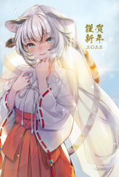 Rule 34 | 1girl, animal ear fluff, animal ears, black hair, blue eyes, blurry, blurry background, chinese zodiac, commentary request, day, depth of field, fangs, hakama, hakama skirt, hands up, highres, horizon, japanese clothes, kimono, long sleeves, looking at viewer, miko, multicolored hair, ne-on, ocean, original, outdoors, parted lips, red hakama, ribbon-trimmed sleeves, ribbon trim, see-through, silver hair, skirt, smile, solo, streaked hair, tail, tail raised, tiger ears, tiger girl, tiger tail, white kimono, wide sleeves, year of the tiger