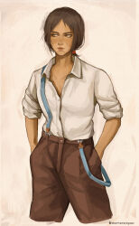 1girl absurdres androgynous brown_eyes brown_hair brown_pants collared_shirt dosmerengues freckles hands_in_pockets highres looking_to_the_side open_collar pants shingeki_no_kyojin shirt short_sleeves simple_background solo tan tomboy white_shirt ymir_(shingeki_no_kyojin)