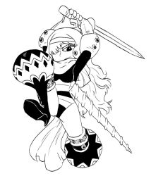 Rule 34 | 1girl, arms up, attack, blacknirrow, boots, breasts, charlotte smoothie, chibi, female focus, full body, gloves, greyscale, hair over one eye, hairband, happy, high heels, highres, holding, holding sword, holding weapon, jumping, leotard, long hair, long sleeves, looking at viewer, medium breasts, monochrome, one eye covered, one piece, open mouth, own hands together, scarf, sheath, simple background, sketch, smile, solo, spread legs, sword, thigh boots, thighs, two-handed, weapon, white background