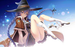 Rule 34 | 1girl, bare legs, black hat, black skirt, blue background, blue eyes, blue hair, boots, braid, breasts, brown cape, cape, floating hair, gradient background, grey ribbon, hair between eyes, hair ribbon, hat, highres, jacket, koyaya, long hair, long sleeves, looking at viewer, medium breasts, miniskirt, mushoku tensei, open clothes, open jacket, panties, ribbon, roxy migurdia, sitting, skirt, solo, sparkle, twin braids, twintails, underwear, very long hair, white background, white footwear, white jacket, white panties, witch hat
