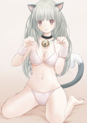 Rule 34 | 1girl, animal ears, bad id, bad pixiv id, bikini, breasts, brown eyes, cat ears, cat tail, chikuwa (glossymmmk), chikuwa (odennabe), cleavage, green hair, grey hair, long hair, looking at viewer, md5 mismatch, navel, open mouth, original, sitting, solo, swimsuit, tail, wariza, wristband