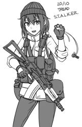 Rule 34 | 1girl, ak-47, aks-74u, assault rifle, beanie, bolt, copyright name, dated, fingerless gloves, freckles, gloves, greyscale, gun, hair between eyes, hand up, hat, highres, holding, holding gun, holding weapon, jacket, kalashnikov rifle, looking at viewer, monochrome, ndtwofives, open mouth, pants, rifle, simple background, solo, stalker (game), trigger discipline, weapon, white background