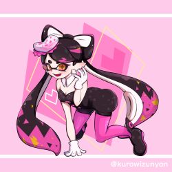 Rule 34 | + +, 1girl, all fours, ass, black hair, black jumpsuit, bow-shaped hair, breasts, callie (splatoon), cleavage, detached collar, earrings, food, food on head, gloves, hoop earrings, inkling, jewelry, jumpsuit, medium breasts, mole, mole under eye, naki tamago, nintendo, object on head, pantyhose, pink pantyhose, pointy ears, short jumpsuit, solo, splatoon (series), squid girl, strapless, sushi, swept bangs, tentacle hair, twintails, white gloves, yellow eyes