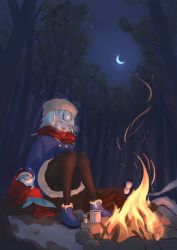 Rule 34 | 1girl, absurdres, alternate costume, ankle boots, blanket, bloop (gawr gura), blue coat, blue hair, blunt bangs, boots, breath, brown pantyhose, campfire, clearing, closed eyes, coat, coffee, cold, commentary, crescent moon, cup, espresso cup, forest, full body, fur-trimmed coat, fur trim, gawr gura, hands on lap, highres, hololive, hololive english, huge filesize, log, metal mug, moon, mug, music, nature, night, open mouth, outdoors, pantyhose, scarf, sharp teeth, singing, sitting, sitting on log, snow, solo, star (sky), teeth, virtual youtuber, winter, yakousei a