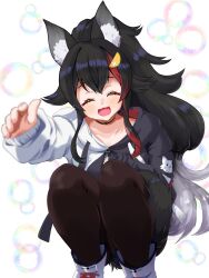 Rule 34 | 1girl, :3, :d, animal ear fluff, animal ears, black choker, black hair, black hoodie, black pantyhose, blush, choker, closed eyes, hair ornament, hairpin, highres, hololive, hood, hoodie, long hair, looking at viewer, misril, multicolored hair, official alternate costume, ookami mio, ookami mio (casual), open mouth, pantyhose, ponytail, red hair, smile, solo, streaked hair, tail, two-tone hoodie, virtual youtuber, white background, white hoodie, wolf ears, wolf girl, wolf tail