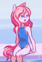 Rule 34 | 1girl, alba (ryuhi), animal ears, arm support, blue eyes, blue one-piece swimsuit, colored skin, drantyno, highres, horse ears, horse girl, horse tail, long hair, looking to the side, one-piece swimsuit, open mouth, pink hair, pink skin, pool, sitting, soaking feet, swimsuit, tail, teeth, water, wet