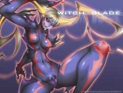 Rule 34 | 00s, 1girl, abs, black sclera, blade, blonde hair, blue skin, claws, colored sclera, colored skin, crazy eyes, fang, fangs, maria (witchblade), momofuki rio, red eyes, solo, takuya itaiwan, teeth, twintails, witchblade