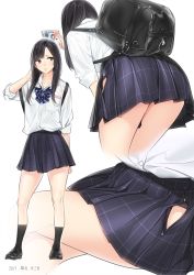 Rule 34 | 1girl, ama mitsuki, arm at side, arm behind head, artist name, ass, black eyes, black hair, black panties, blouse, breasts, collarbone, commentary, dated, full body, leaning forward, lips, loafers, long hair, miniskirt, multiple views, original, panties, parted lips, plaid, plaid skirt, pleated skirt, school uniform, shirt, shoes, sidelocks, simple background, skirt, sleeves rolled up, small breasts, standing, swept bangs, thighs, underwear, unzipped, white shirt