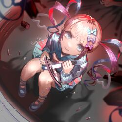 Rule 34 | 1girl, blood, blood splatter, blue bow, blue eyes, blue footwear, blue hair, blue shirt, bow, can, chouzetsusaikawa tenshi-chan, cigarette butt, closed mouth, from above, full body, hair bow, hair ornament, highres, holding, holding knife, holding tablet pc, knife, long hair, long sleeves, looking at viewer, multicolored hair, needy girl overdose, pink bow, pink hair, purple bow, quad tails, sailor collar, school uniform, serafuku, shirt, sitting, sixianglaolong875, solo, tablet pc, twintails, very long hair, yellow bow