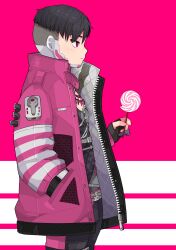 Rule 34 | absurdres, animification, apex legends, belt, black belt, black gloves, black hair, black pants, candy, crypto (apex legends), expressionless, food, from side, gloves, grey shirt, hand in pocket, highres, holding, holding candy, holding food, holding lollipop, jacket, kansaibito, lollipop, looking ahead, male focus, pants, partially fingerless gloves, pink background, pink eyes, pink jacket, profile, shirt, swirl lollipop