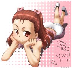 Rule 34 | 00s, 1girl, bow, child, hair bow, idolmaster, idolmaster (classic), idolmaster 1, long hair, lying, minase iori, on stomach, red eyes, red hair, shoes, skirt, sleeveless, smile, sneakers, solo, translation request, ttomm, twintails
