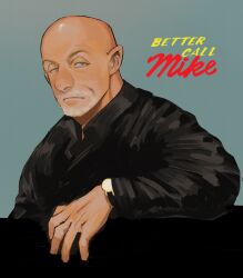 Rule 34 | 1boy, absurdres, animification, bald, better call saul, black jacket, blue background, blue eyes, breaking bad, facial hair, finger, goatee, highres, jacket, looking to the side, ma2 ereki, male focus, mike ehrmantraut, parody, solo, title parody, watch, wristwatch
