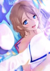Rule 34 | 1girl, blue eyes, blush, brown hair, clothes, hat, highres, idol clothes, looking at viewer, love live!, love live! sunshine!!, nude, sailor, short hair, smile, solo, striped clothes, watanabe you, wavy hair, yanase eiwa