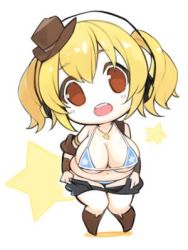 Rule 34 | 1girl, bikini, blonde hair, blush, breasts, chibi, cleavage, hat, headphones, huge breasts, looking at viewer, lowres, minoa (lastswallow), navel, nitroplus, open mouth, orange eyes, plump, short hair, smile, solo, super pochaco, swimsuit, twintails, undressing