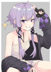 Rule 34 | 1girl, ahoge, arm on thigh, bare shoulders, black gloves, black jacket, border, commentary, dress, feet out of frame, fingerless gloves, gloves, grey background, grin, halter dress, halterneck, hand up, highres, jacket, jacket partially removed, light blush, light purple hair, looking at viewer, looking to the side, open clothes, open jacket, outside border, purple eyes, ribbed dress, salute, short dress, short hair with long locks, single fingerless glove, smile, solo, sparkle, squatting, two-finger salute, vocaloid, voiceroid, white border, white dress, yuzuki yukari, yuzuki yukari (lin), zooanime