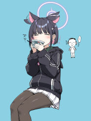 Rule 34 | 1boy, 1girl, animal ears, black jacket, black pantyhose, blue archive, blue background, bowl, cat ears, cat girl, closed eyes, colored inner hair, cup ramen, donbee (food), donbei kitsune udon, doodle sensei (blue archive), drinking, flapping ears, halo, highres, holding, holding bowl, instant udon, jacket, kazusa (blue archive), long sleeves, medium hair, multicolored hair, nissin donbei, pantyhose, pink hair, pink halo, pleated skirt, sensei (blue archive), simple background, skirt, smile, takayaki, white skirt