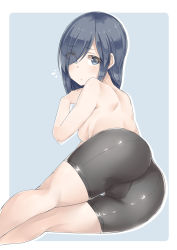 Rule 34 | 1girl, ass, ass focus, bad id, bad pixiv id, bare back, bike shorts, blue background, blue eyes, blue hair, breasts, foreshortening, hair over one eye, highres, long hair, matching hair/eyes, original, outside border, sideboob, simple background, small breasts, solo, super nagoyaka, thighs, topless, very long hair