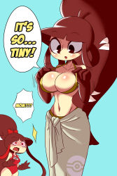 Rule 34 | 2girls, absurdres, artist name, bare shoulders, bikini, black eyes, black hair, blue background, blush, borrowed character, bow, breasts, cleavage, clothed pokemon, clothes writing, collarbone, constricted pupils, creatures (company), embarrassed, english text, extra mouth, female focus, game freak, gen 3 pokemon, green sarong, hair bow, hair rings, hands up, highres, large breasts, light blush, looking down, lucyfer, mawile, medium breasts, mother and daughter, motion lines, multicolored hair, multiple girls, nintendo, no humans, nose blush, one-piece swimsuit, open mouth, poke ball symbol, poke ball theme, pokemon, pokemon (creature), red bow, red eyes, red hair, red one-piece swimsuit, sarong, sharp teeth, shiny skin, simple background, solo focus, speech bubble, standing, surprised, swimsuit, talking, teeth, text focus, two-tone hair, wavy mouth, yellow bikini