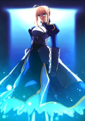 Rule 34 | ahoge, armor, armored dress, artoria pendragon (all), artoria pendragon (fate), blonde hair, chietori, expressionless, fate/stay night, fate (series), gauntlets, glowing, green eyes, hair ribbon, highres, looking at viewer, ribbon, saber (fate), solo, standing