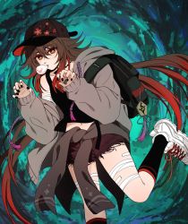 Rule 34 | 1girl, backpack, bag, bandages, black shirt, brown hair, blowing bubbles, chewing gum, clothes around waist, colored tips, fashion, forest, genshin impact, hat, highres, hu tao (genshin impact), jacket, jacket around waist, looking at viewer, midriff, multicolored hair, nail polish, nature, navel, orange eyes, pale skin, red hair, shirt, shoes, shohje, short shorts, shorts, sneakers, socks, solo