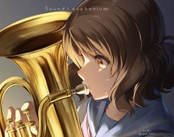Rule 34 | 1girl, artist name, brown eyes, brown hair, commentary request, copyright name, euphonium, female focus, from side, gradient background, grey background, hibike! euphonium, highres, holding, holding instrument, instrument, music, nyum, oumae kumiko, pink neckwear, playing instrument, profile, school uniform, serafuku, short hair, solo, sweat, twitter username, wavy hair