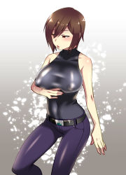 Rule 34 | 1girl, bare shoulders, breasts, brown hair, caffein, covered erect nipples, highres, large breasts, meiko (vocaloid), nail polish, red eyes, short hair, solo, vocaloid