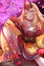 Rule 34 | 1girl, bare shoulders, basara masa, blonde hair, cherry blossoms, claws, fate/grand order, fate (series), female focus, horns, ibaraki douji (fate), japanese clothes, kimono, krmm1009, long hair, monster girl, off shoulder, oni, oni horns, pointy ears, short kimono, smile, solo, tattoo, wide sleeves, yellow eyes, yellow kimono