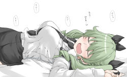 Rule 34 | 1girl, anchovy (girls und panzer), anzio school uniform, between breasts, breasts, closed eyes, drill hair, drooling, elf (stroll in the woods), girls und panzer, green hair, hair ribbon, highres, large breasts, long hair, long sleeves, lying, necktie, necktie between breasts, on back, open mouth, pantyhose, ribbon, school uniform, simple background, sleeping, solo, translation request, twin drills, twintails, white background