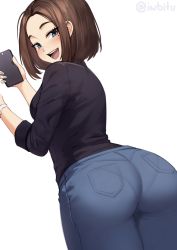Rule 34 | 1girl, artist name, ass, black shirt, blue eyes, blue nails, blue pants, blush, brown hair, closed mouth, denim, dutch angle, from behind, heart, highres, holding, holding phone, huge ass, iwbitu, jeans, looking at viewer, mole, mole under eye, nail polish, pants, pantylines, phone, product girl, samsung, samsung sam, shirt, short hair, simple background, smile, solo, tight clothes, tight pants, white background