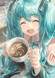 Rule 34 | 1girl, aqua hair, bare shoulders, beamed eighth notes, black sleeves, closed eyes, coffee, commentary, cup, detached sleeves, foreshortening, from above, hair ornament, hatsune miku, highres, himukai aoi, holding, holding cup, keyboard (computer), latte art, lips, long hair, looking at viewer, musical note, necktie, open mouth, quarter note, sheet music, shirt, shoulder tattoo, sleeveless, sleeveless shirt, smile, solo, tattoo, teacup, teeth, twintails, upper teeth only, variant set, very long hair, vocaloid, white shirt