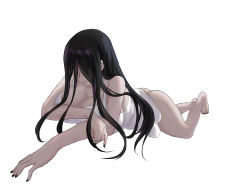 Rule 34 | 1girl, ass, barefoot, black hair, black nails, bottomless, breasts, breasts squeezed together, camisole, chinese commentary, cleavage, closed mouth, commentary request, expressionless, full body, hair between eyes, hair over eyes, highres, large breasts, long hair, nail polish, simple background, solo, the ring, white background, white camisole, yamamura sadako, yeklsa