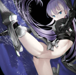 Rule 34 | 1girl, absurdres, armored boots, black background, blue eyes, boots, chromatic aberration, closed mouth, crotch plate, expressionless, fate/extra, fate/extra ccc, fate (series), high collar, highres, leg up, long hair, long sleeves, looking at viewer, meltryllis (fate), navel, nyatabe, purple hair, revealing clothes, shrug (clothing), simple background, sleeves past fingers, sleeves past wrists, solo, spikes, splashing, standing, standing on one leg, thigh boots, thighhighs, thighs, very long hair, waist cape, water