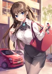 Rule 34 | 1girl, :d, bag, black neckwear, black skirt, blue eyes, blurry, boku no kanojo sensei, breasts, brooch, brown hair, brown pantyhose, building, car, collared shirt, cowboy shot, depth of field, dress shirt, earrings, evening, fujiki maka, glint, half updo, hands up, holding, jewelry, key, charm (object), large breasts, light particles, long hair, long sleeves, looking at viewer, motor vehicle, novel illustration, official art, open mouth, oryo (oryo04), outdoors, pantyhose, pencil skirt, shirt, shirt tucked in, shoulder bag, sidelocks, skirt, smile, solo, standing, tree, uniform, white shirt