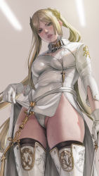 Rule 34 | 1girl, arm at side, blonde hair, blush, boots, breasts, clothes lift, commentary request, covered erect nipples, dress, dress lift, gloves, green eyes, hair ornament, highres, holding, jeneral, lifted by self, long hair, long sleeves, looking at viewer, medium breasts, mixed-language commentary, nier (series), nier:automata, panties, parted lips, realistic, solo, standing, thigh boots, thighs, twintails, underwear, very long hair, white dress, white footwear, white gloves, white panties, commander (nier:automata), zipper dress