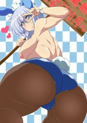 Rule 34 | 1girl, :&gt;, animal ears, ass, bent over, black pantyhose, blue eyes, blue hair, braid, breasts, cameltoe, checkered background, cleft of venus, heart, highres, izayoi sakuya, large breasts, leotard, long hair, looking at viewer, looking back, matching hair/eyes, muruchi-, nipples, pantyhose, playboy bunny, rabbit ears, rabbit tail, sign, solo, tail, topless, touhou, v