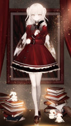 Rule 34 | 1girl, animal, bird, black feathers, book, book stack, brown footwear, closed mouth, commentary request, curtains, dress, feathers, frilled dress, frills, full body, grey eyes, highres, holding, holding feather, indoors, juexing (moemoe3345), juliet sleeves, loafers, long hair, long sleeves, looking at viewer, original, pantyhose, picture frame, puffy sleeves, red dress, reflection, shoes, solo, standing, two side up, white hair, white pantyhose, wooden floor