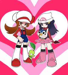 Rule 34 | 2girls, :&lt;, beanie, blue hair, boots, brown hair, cabbie hat, chikorita, creatures (company), dawn (pokemon), game freak, gen 2 pokemon, gen 4 pokemon, hat, heart, lyra (pokemon), multiple girls, nintendo, overalls, panty &amp; stocking with garterbelt, parody, pink footwear, piplup, pokemon, pokemon (creature), pokemon dppt, pokemon hgss, red scarf, scarf, shouni (sato3), skirt, smile, style parody, thighhighs, twintails