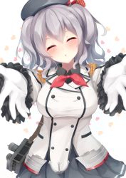 Rule 34 | 10s, 1girl, bag, blush, epaulettes, closed eyes, gloves, hat, heart, highres, igayan, incoming hug, incoming kiss, kantai collection, kashima (kancolle), military, military uniform, outstretched arms, silver hair, skirt, solo, twintails, uniform, white gloves
