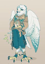 Rule 34 | 1boy, arm strap, artist name, bag, beak, belt, bird boy, bird legs, bird tail, bird wings, blue pants, brown jacket, brown scarf, feathered wings, feathers, full body, furry, furry male, grey background, highres, holding, holding bag, jacket, jewelry, long sleeves, looking at viewer, male focus, o-ring, o-ring belt, original, owl boy, pants, pendant, pouch, scarf, shuini xiaomao, signature, simple background, smile, solo, sprout, standing, tail, talons, white feathers, wings, yellow eyes