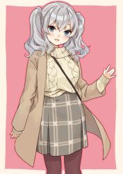 Rule 34 | 1girl, blue eyes, blush, border, brown coat, brown pantyhose, coat, feet out of frame, grey hair, grey skirt, hair between eyes, kantai collection, kashima (kancolle), long hair, long sleeves, looking at viewer, mitsuyo (mituyo324), open clothes, open coat, open mouth, pantyhose, skirt, smile, solo, sweater, twintails, white border, white sweater