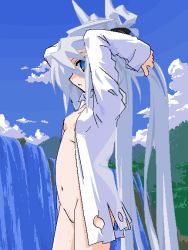 Rule 34 | 1girl, arms behind head, arms up, belly, blue eyes, hands in hair, long hair, mof, mof&#039;s silver haired twintailed girl, naked shirt, navel, no panties, oekaki, open clothes, open shirt, original, outdoors, profile, shirt, silver hair, solo, twintails, very long hair, water, waterfall