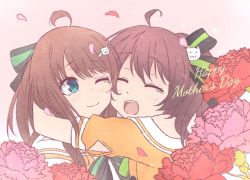 Rule 34 | 2girls, :d, ahoge, brown hair, cheek-to-cheek, closed eyes, flower, green eyes, green ribbon, hair ornament, hairclip, heads together, hololive, hug, kukie-nyan, ma matsuri, mother&#039;s day, mother and daughter, multiple girls, natsuiro matsuri, natsuiro matsuri (1st costume), neck ribbon, one eye closed, open mouth, red flower, ribbon, shirt, short sleeves, smile, virtual youtuber, yellow shirt
