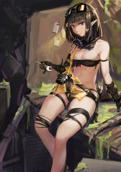 Rule 34 | 1girl, arknights, bandeau, bare legs, bare shoulders, black gloves, black hair, black scarf, blunt bangs, breasts, caijidayisheng, chinese commentary, cleavage, commentary request, eunectes (arknights), feet out of frame, gloves, goggles, goggles on head, holding, holding wrench, looking at viewer, midriff, partial commentary, pointy ears, purple eyes, scarf, short hair, sitting, small breasts, snake tail, solo, stomach, strapless, tail, thigh strap, thighs, tube top, wrench