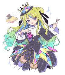 Rule 34 | 1girl, :d, puff of air, black dress, blonde hair, blue eyes, blue hair, blunt bangs, blush, braid, braided bun, collared dress, colored inner hair, crown, double bun, dress, earrings, frilled sleeves, frills, gothic lolita, gradient hair, hair bun, hand on own chest, hand up, hat, highres, idol clothes, jewelry, juliet sleeves, kokoa remon, lolita fashion, long hair, long sleeves, looking at viewer, mini hat, mini top hat, multicolored hair, nojima minami, open mouth, pretty series, puffy sleeves, ringlets, smile, sparkle, top hat, very long hair, waccha primagi!, white background, wide sleeves